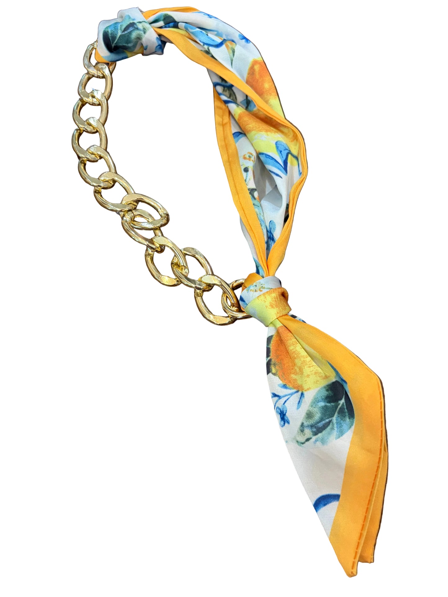 yellow and blue scarf on a gold link chain accessory