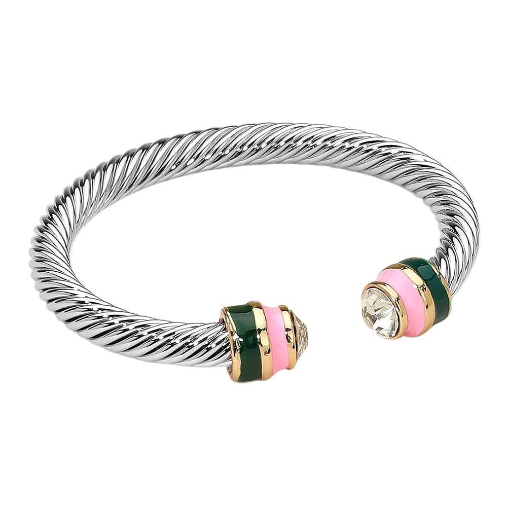 Stone Accent Two Tone Tip Twisted Cuff Bracelet