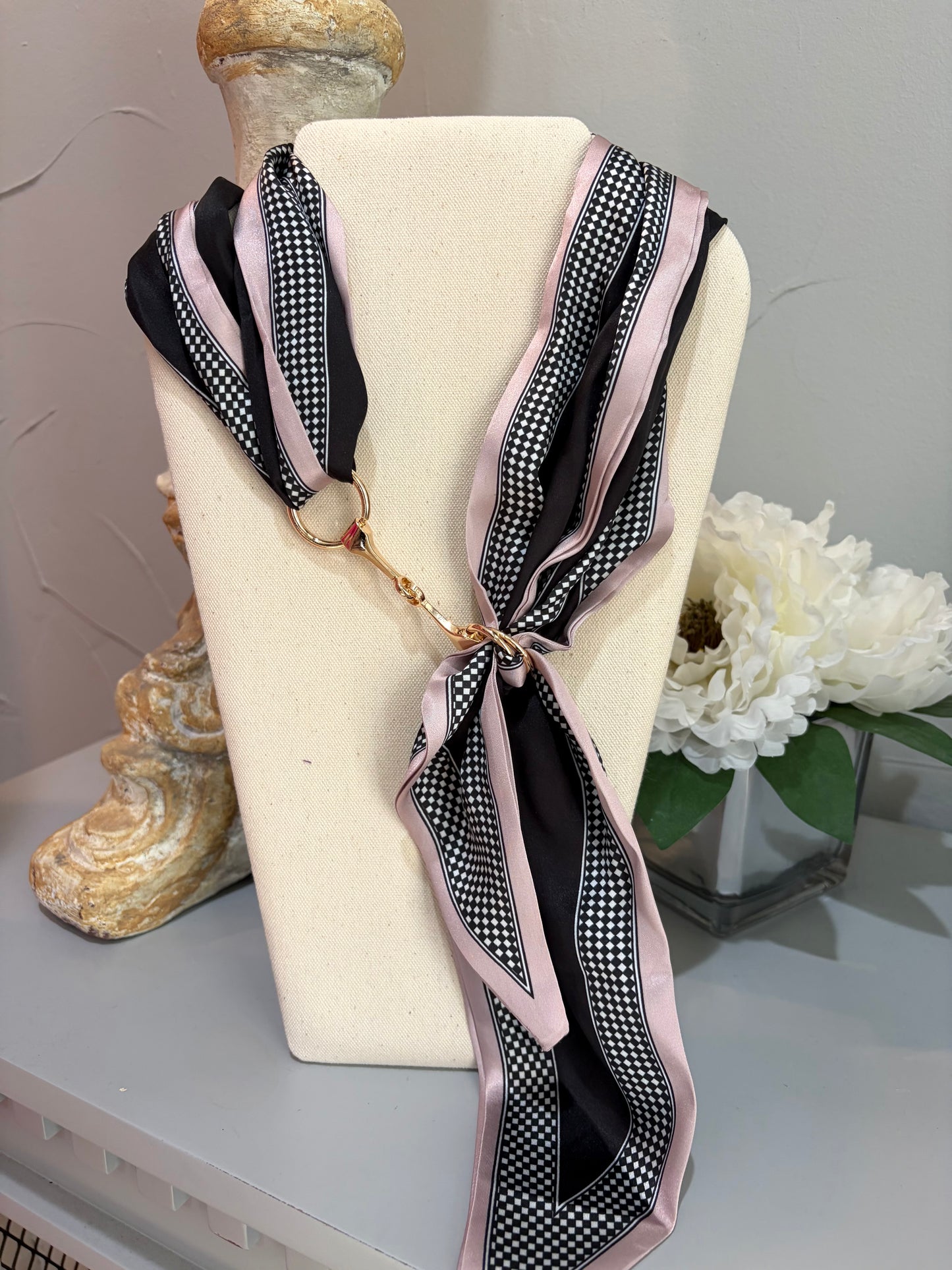 Horsebit Scarf Necklace-Black/White Check