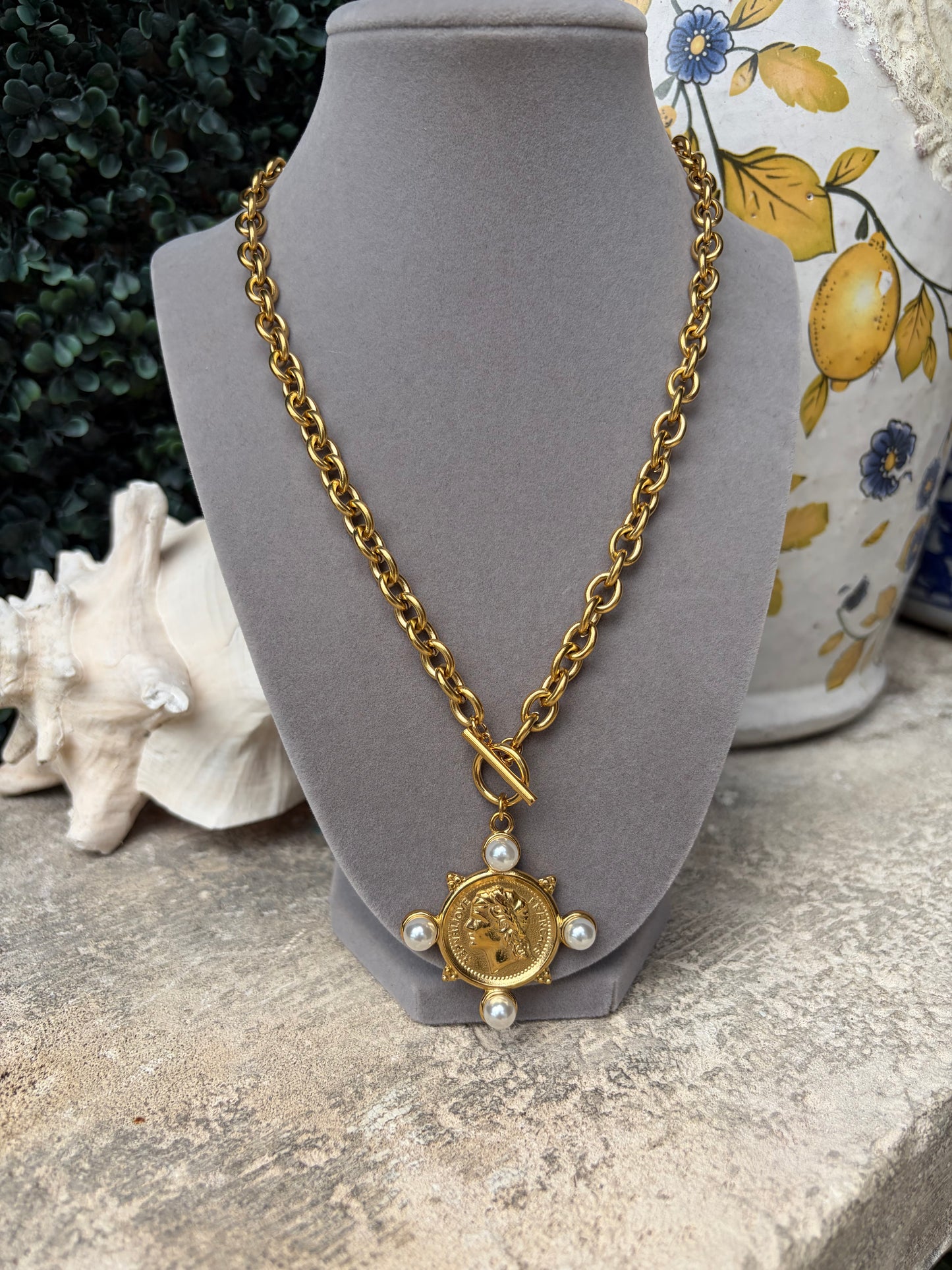 Classic Coin Pearl Medallion Necklace