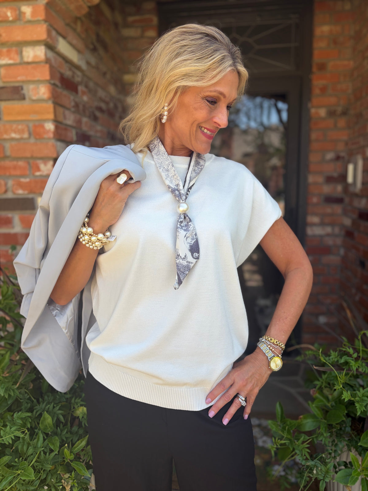 Grey Toile Luxe Twilly with Pearl Accent