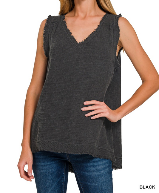 Darla Double Gauze V Neck Tank-Black