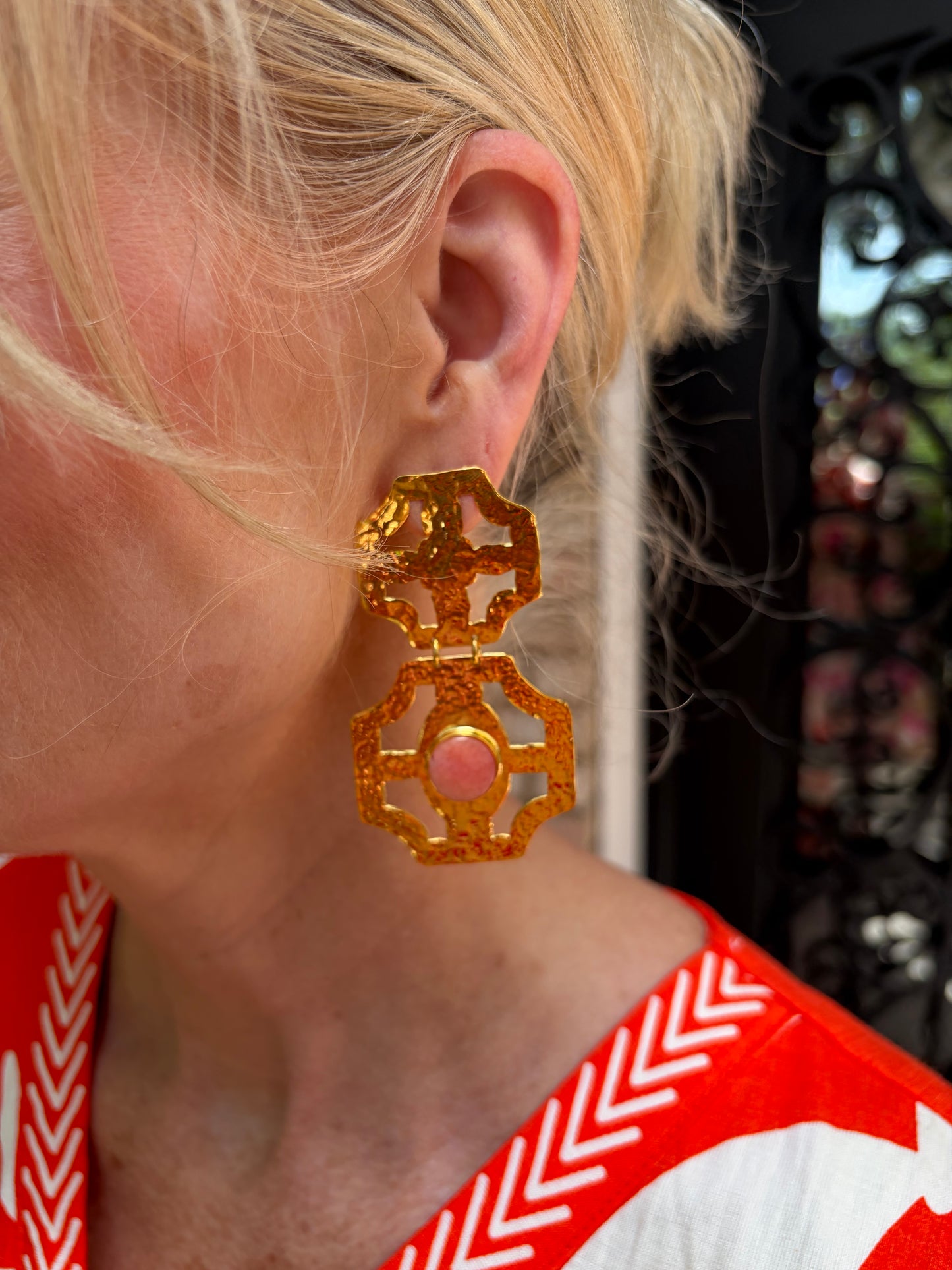 Stacey- Geometric Gold Dangle Coral Earrings