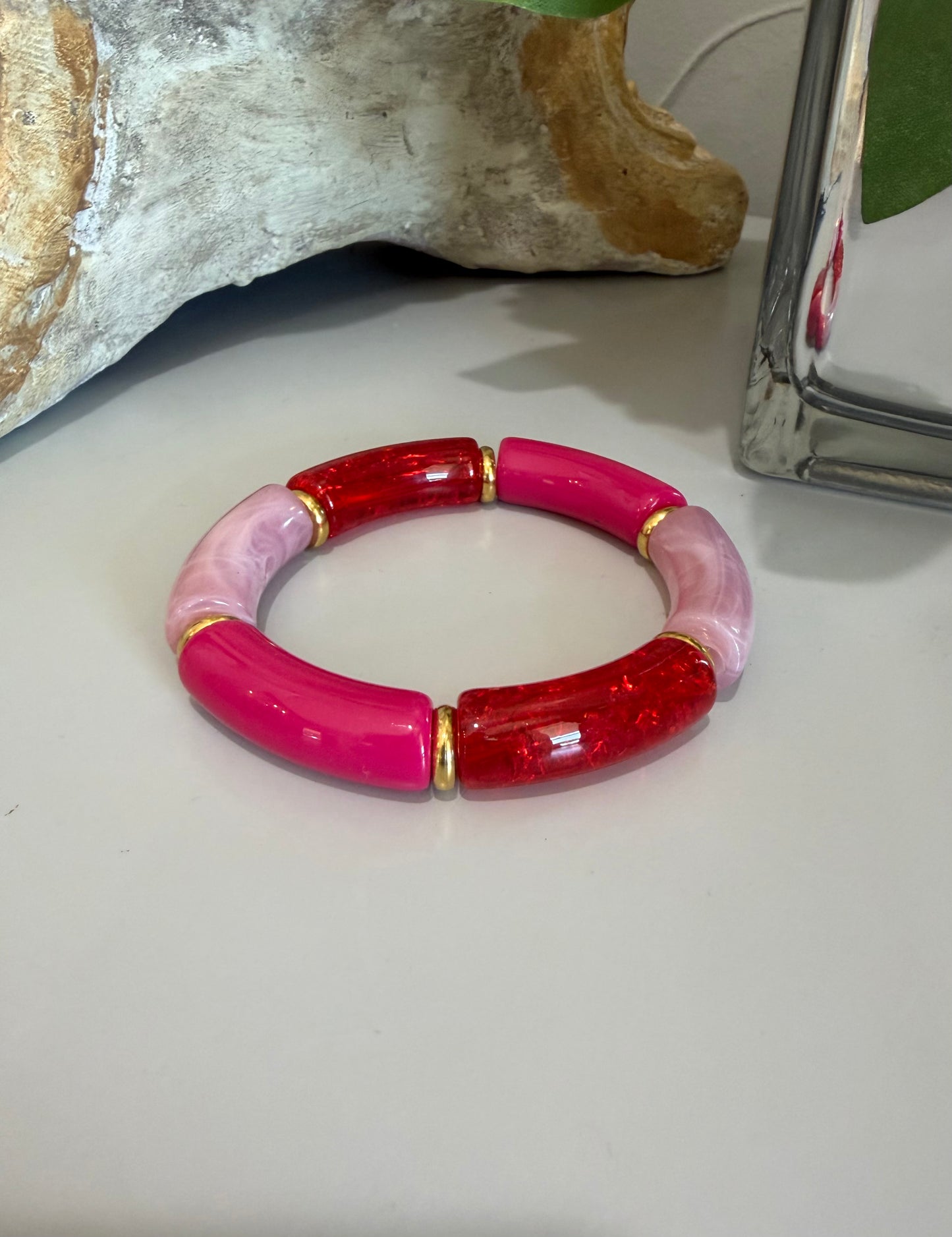 Acrylic Bamboo Stretch Bracelet-Pinks
