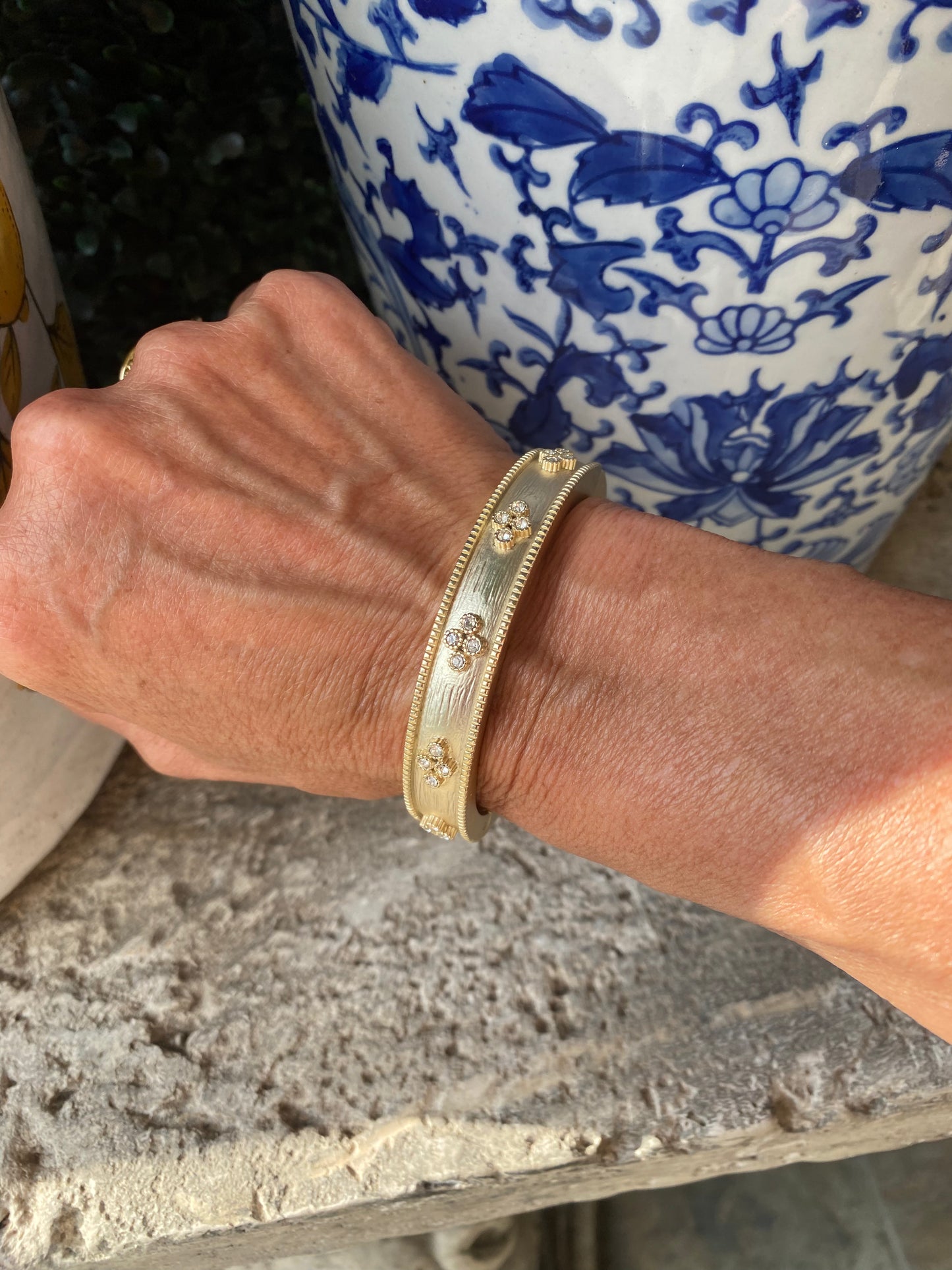 Diamond Cluster Brushed Gold Bangle