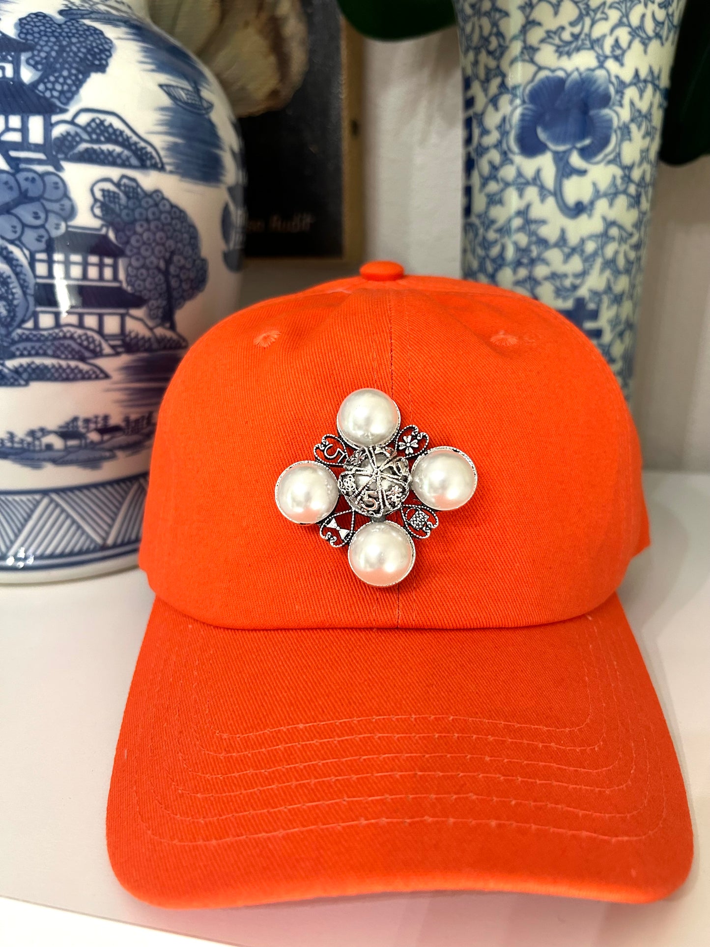 Pearl Brooch Hat- Orange