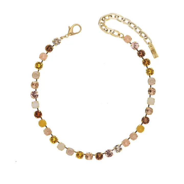 tova swarovski crystal oakland necklace with mix color of pinks, peach, topaz, amber and white.