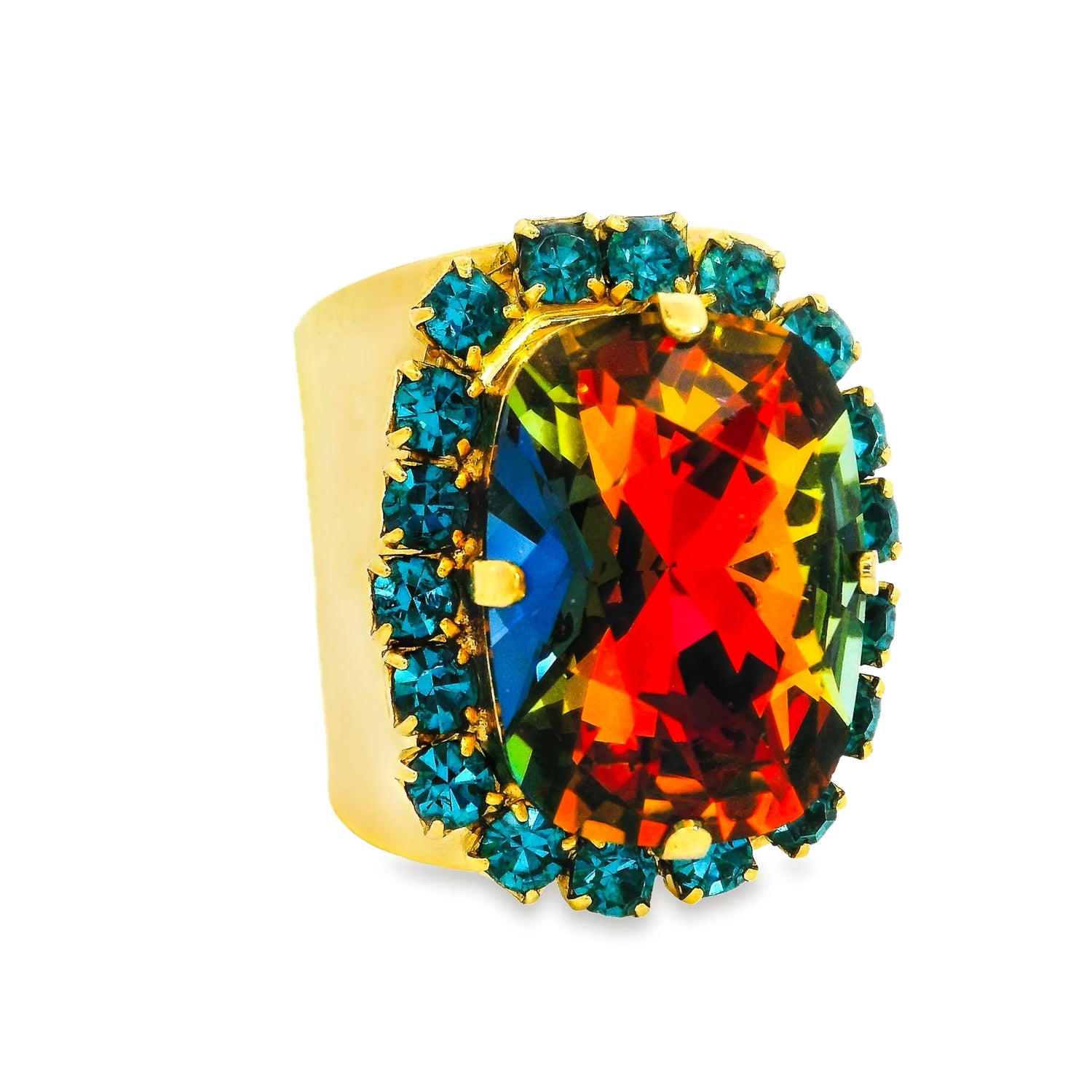 Tova Gold ring with a rectangular, opaque blue stone set on gold, adjustable band
