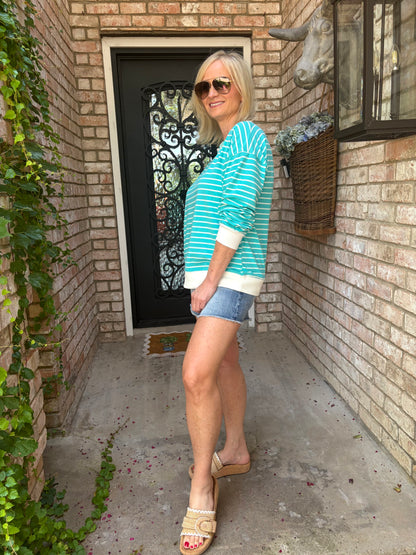 Easy Wear Striped Pull Over-Turquoise