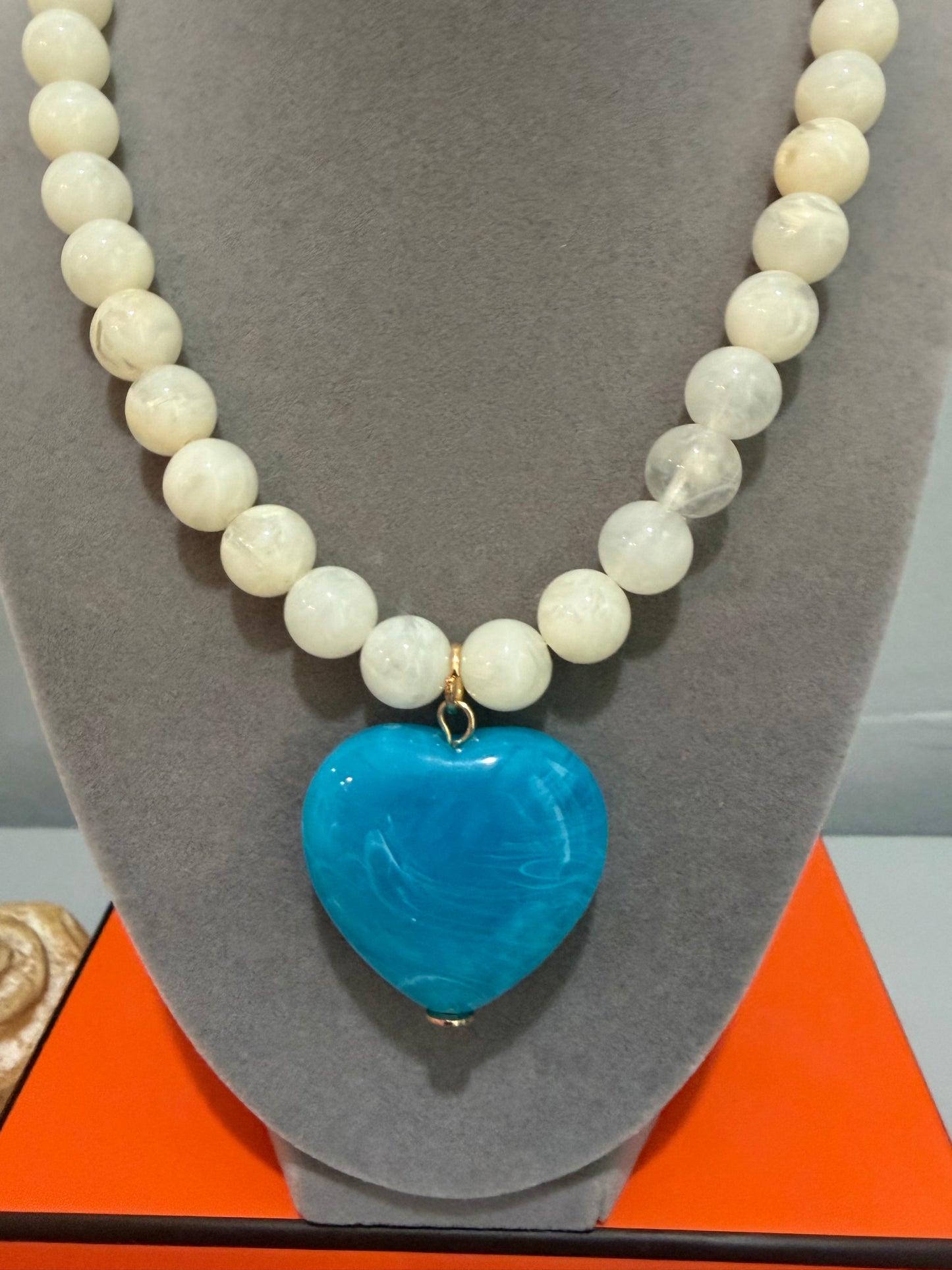 White Beaded Heart Necklace -Blue