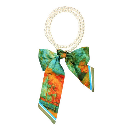Watercolor Fabric Scarf Pearl Beaded Long Necklace