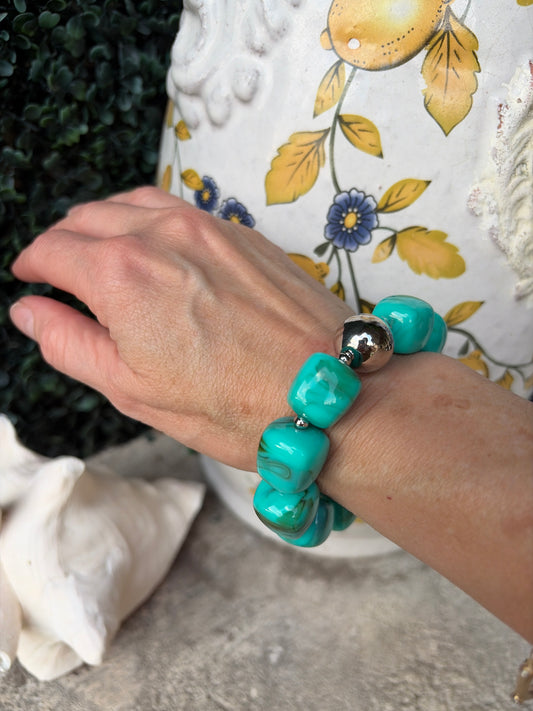 turquoise marbled acrylic rectangular beaded stretch bracelet with round silver bead accent