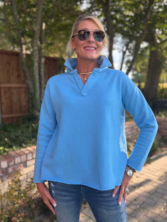 Cornflower like blue French terry long sleeve v neck pull over