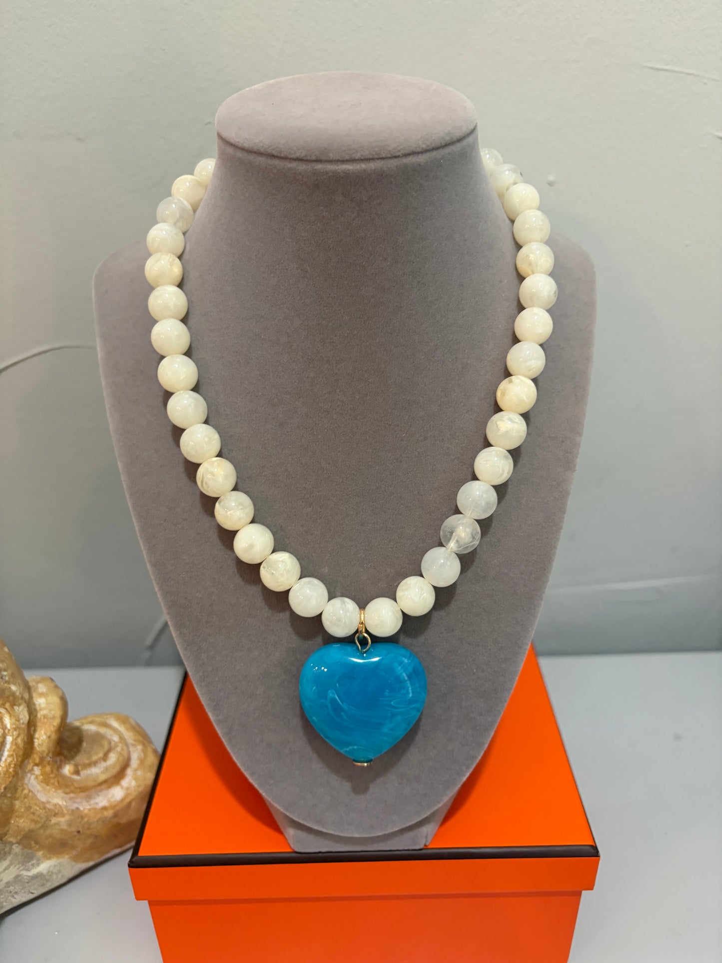 White Beaded Heart Necklace -Blue