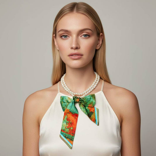 Watercolor Fabric Scarf Pearl Beaded Long Necklace