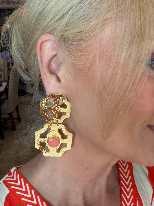 Stacey- Geometric Gold Dangle Coral  Earrings