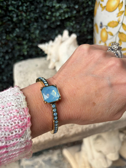 Close-up of a wrist wearing a denim blue beaded stretch bracelet