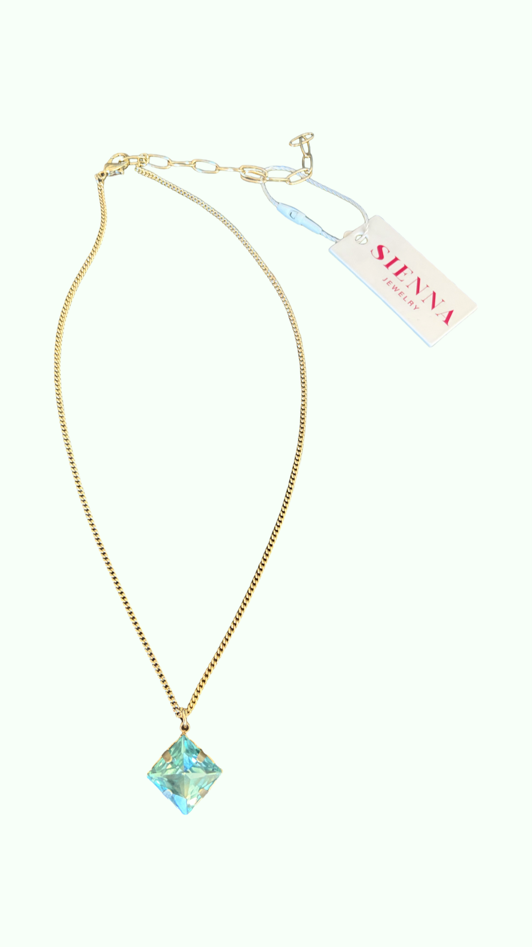 A sienna by Tova 17 inch gold chain necklace with a pendant of aqua crystal stone 