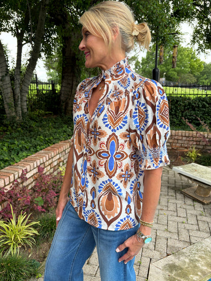 Mocha & Blue Ruffled Blouse