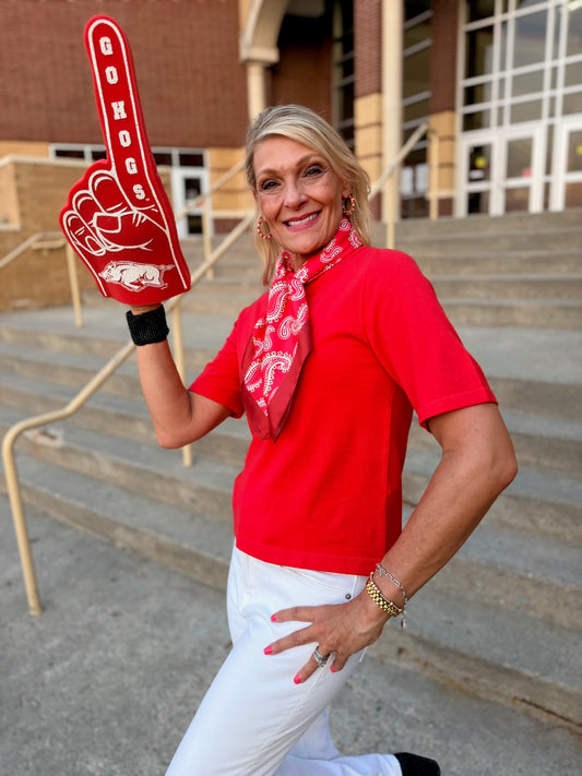 red pullover, short sleeve, crew neck. Great gameday color