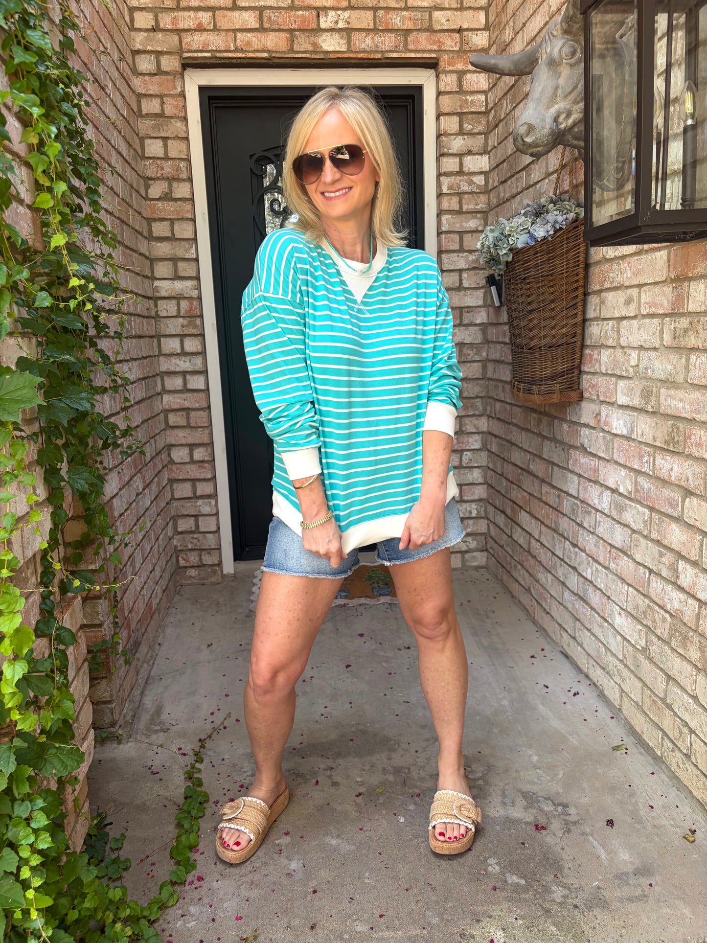 Easy Wear Striped Pull Over-Turquoise