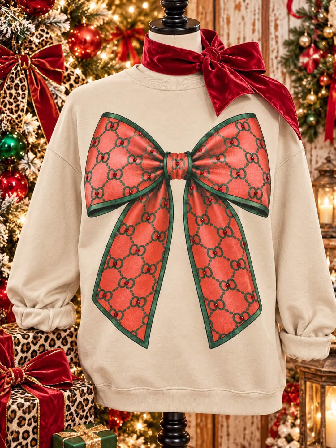 A cream-colored crewneck sweatshirt displayed on a mannequin, featuring a large red and green bow graphic on the front. The bow has a repeating interlocking monogram pattern and is framed by a red velvet neck bow.