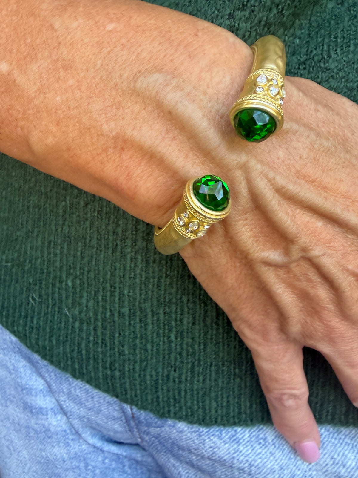 Faceted Green Stone Hinged Cuff Bracelet