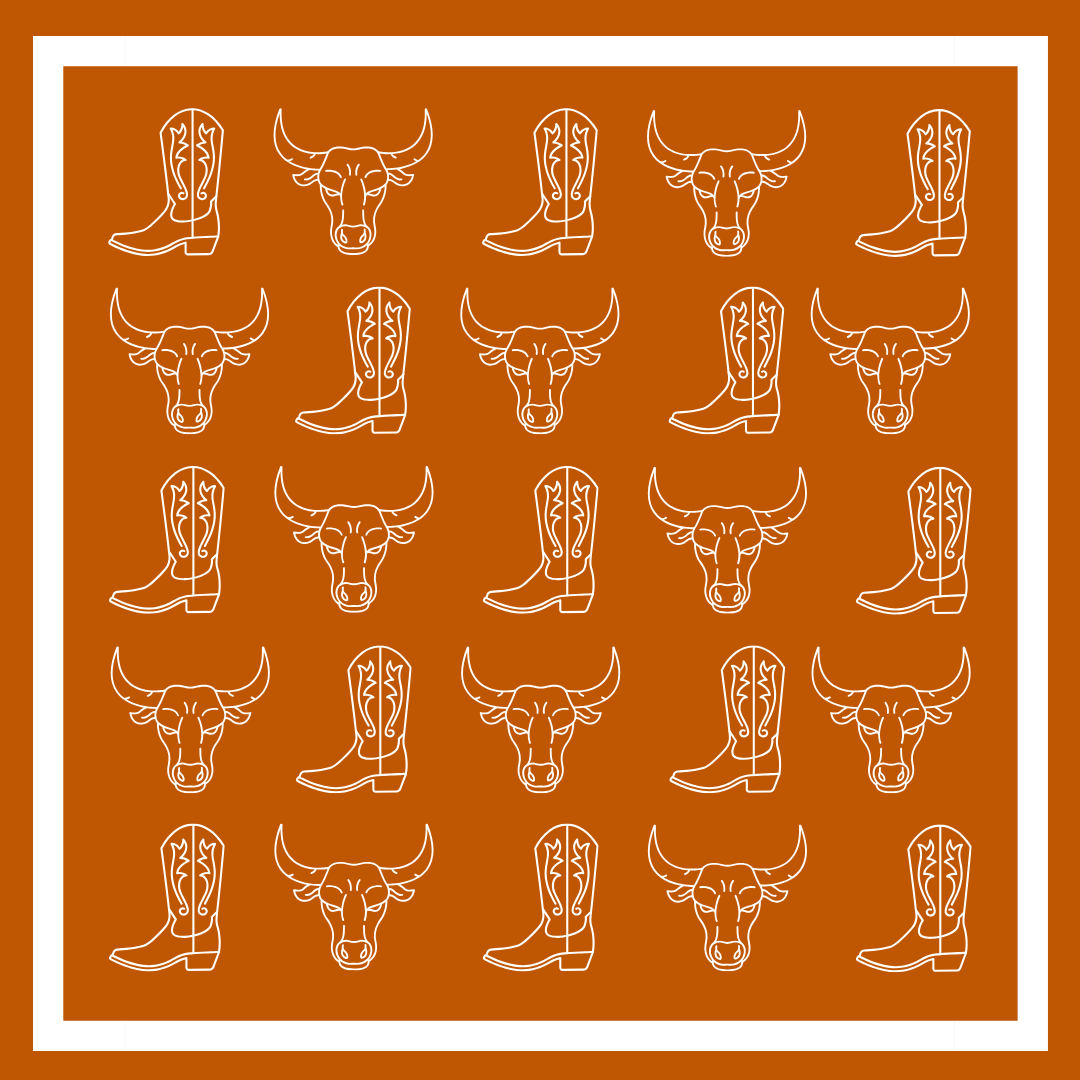 A repeating western-themed pattern featuring white line drawings of cowboy boots and longhorns on a solid orange background, framed by a white border.