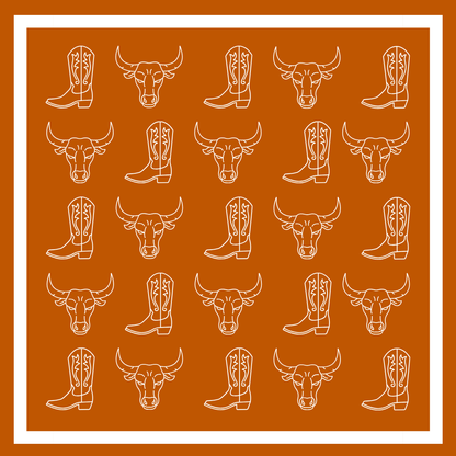 A repeating western-themed pattern featuring white line drawings of cowboy boots and longhorns on a solid orange background, framed by a white border.