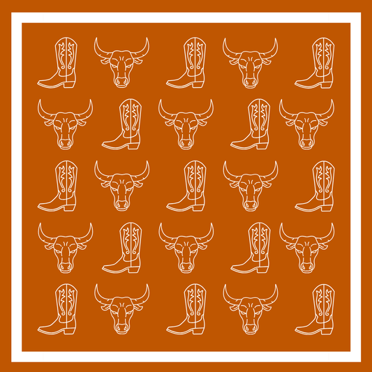 A repeating western-themed pattern featuring white line drawings of cowboy boots and longhorns on a solid orange background, framed by a white border.
