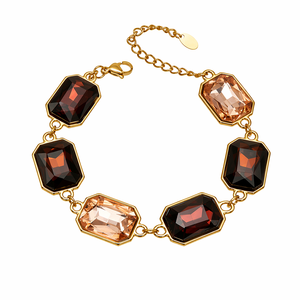 A gold-tone chain bracelet featuring six faceted rectangular gemstones, alternating between deep smoky brown and soft peachy orange.