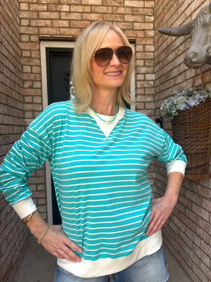 Easy Wear Striped Pull Over-Turquoise