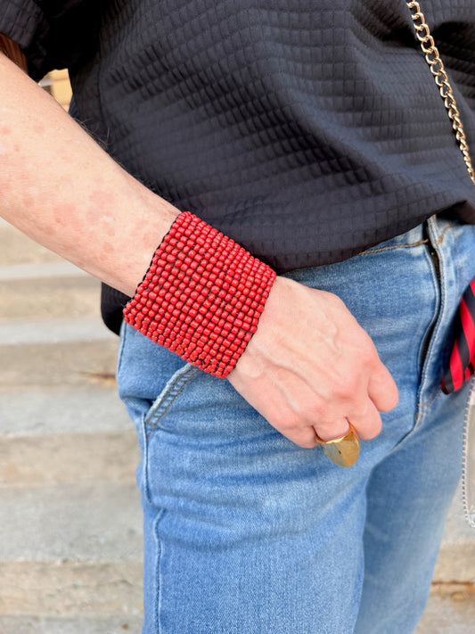 red beaded bracelet, cuff