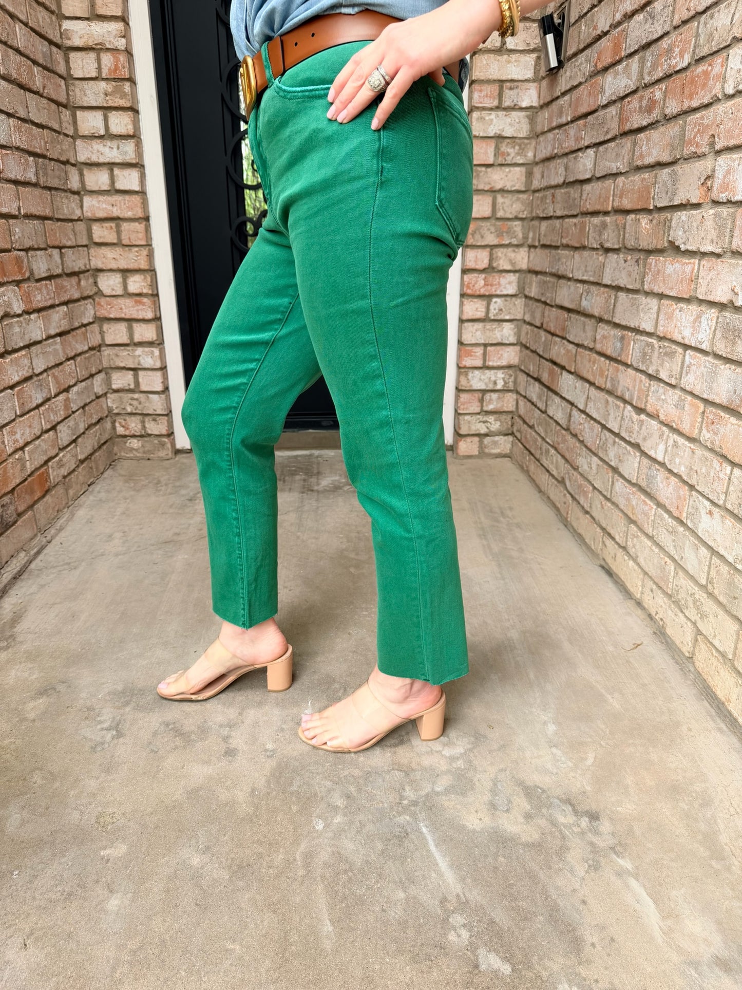 Washed Cropped Frayed Hem Denim-Green