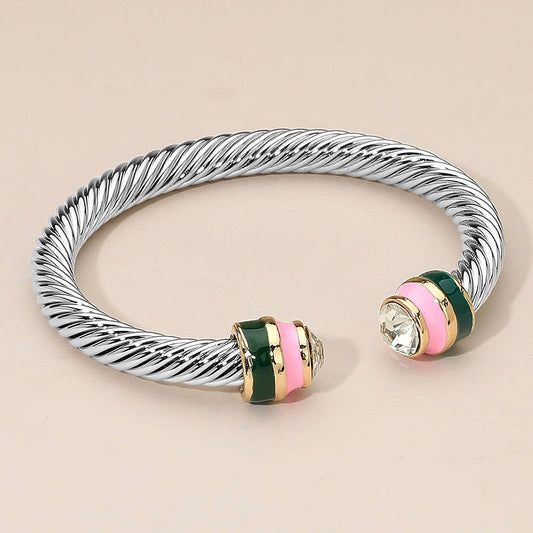 Stone Accent Two Tone Tip Twisted Cuff Bracelet