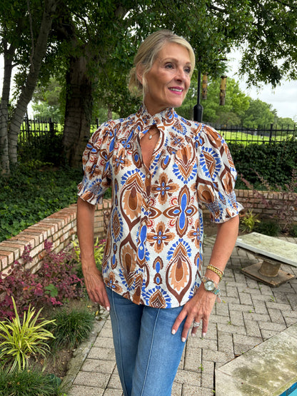 Mocha & Blue Ruffled Blouse
