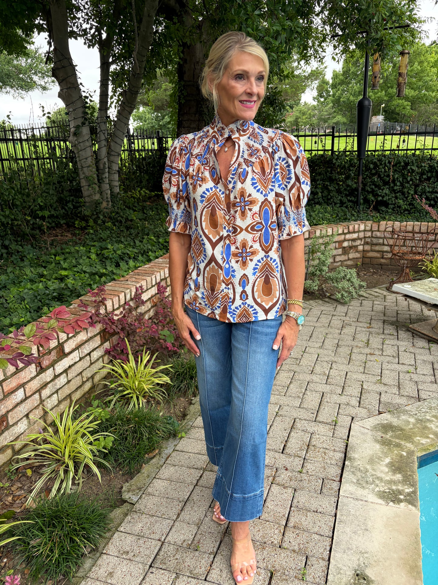 Mocha & Blue Ruffled Blouse