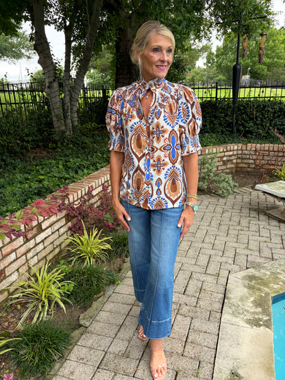 Mocha & Blue Ruffled Blouse