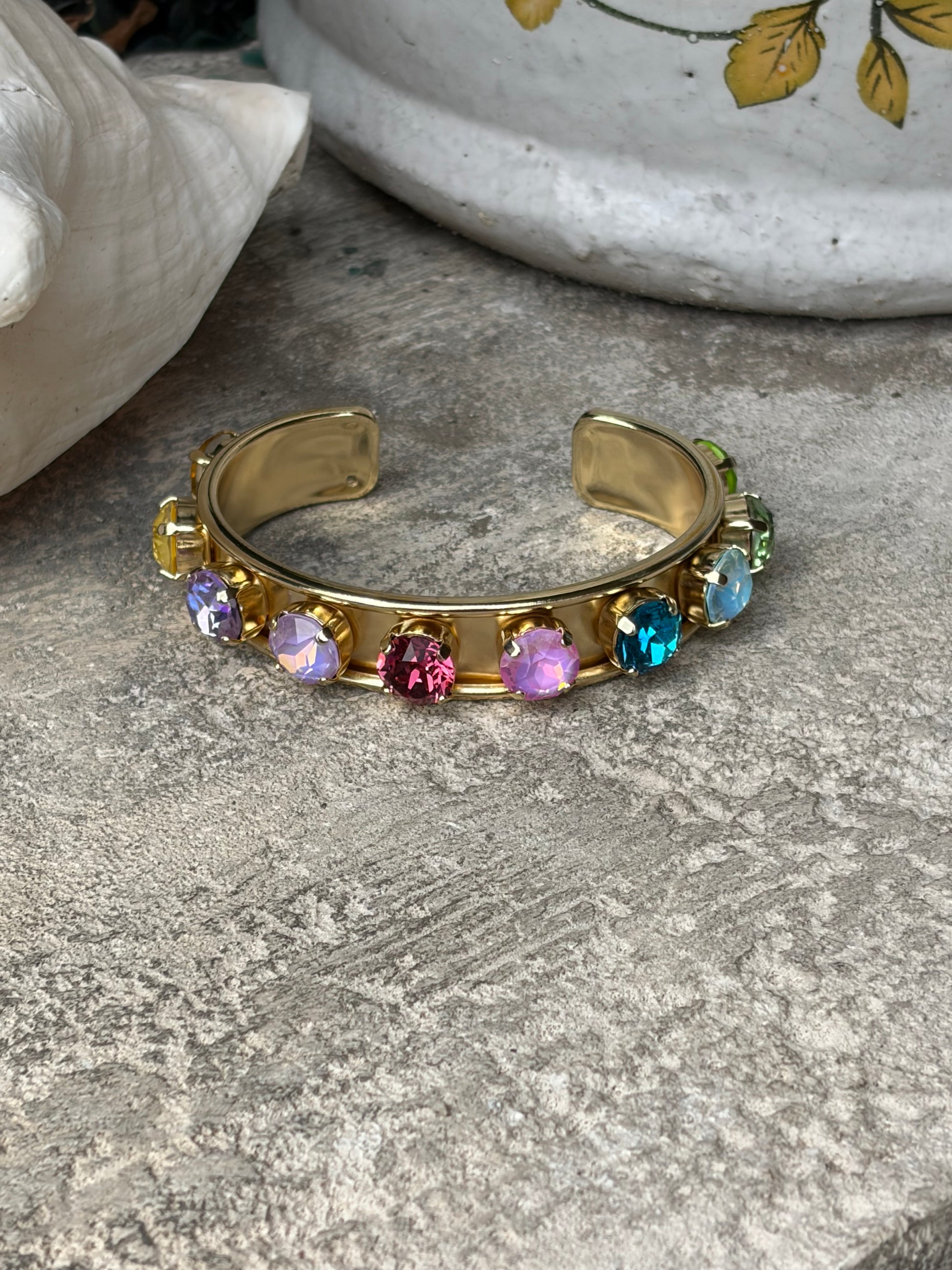 gold cuff bracelet with round faceted colorful rhinestones