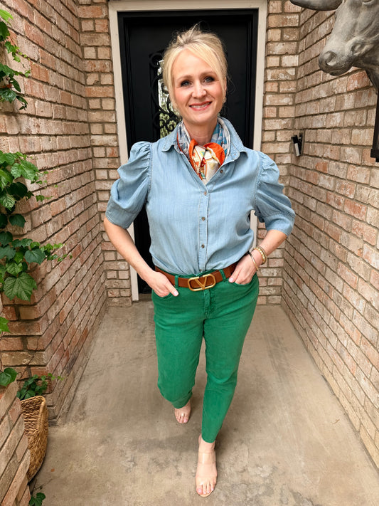 Washed Cropped Frayed Hem Denim-Green