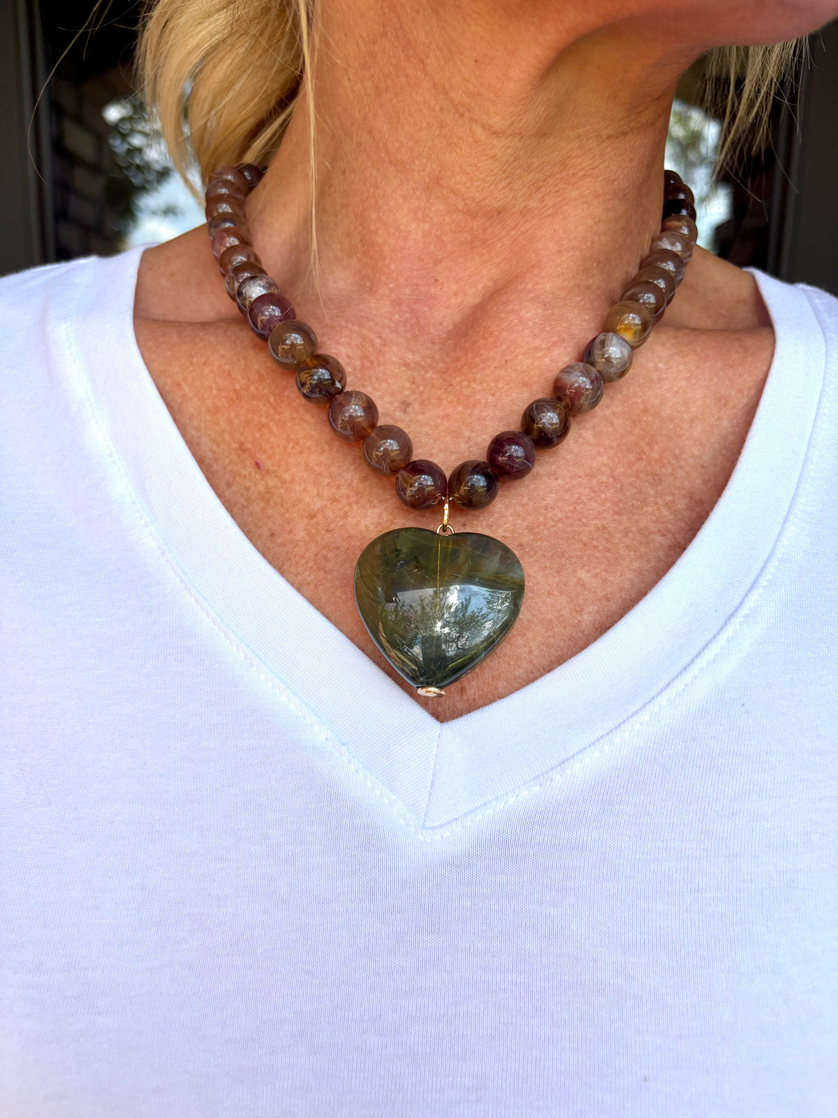 Brown Beaded Heart Stone Necklace