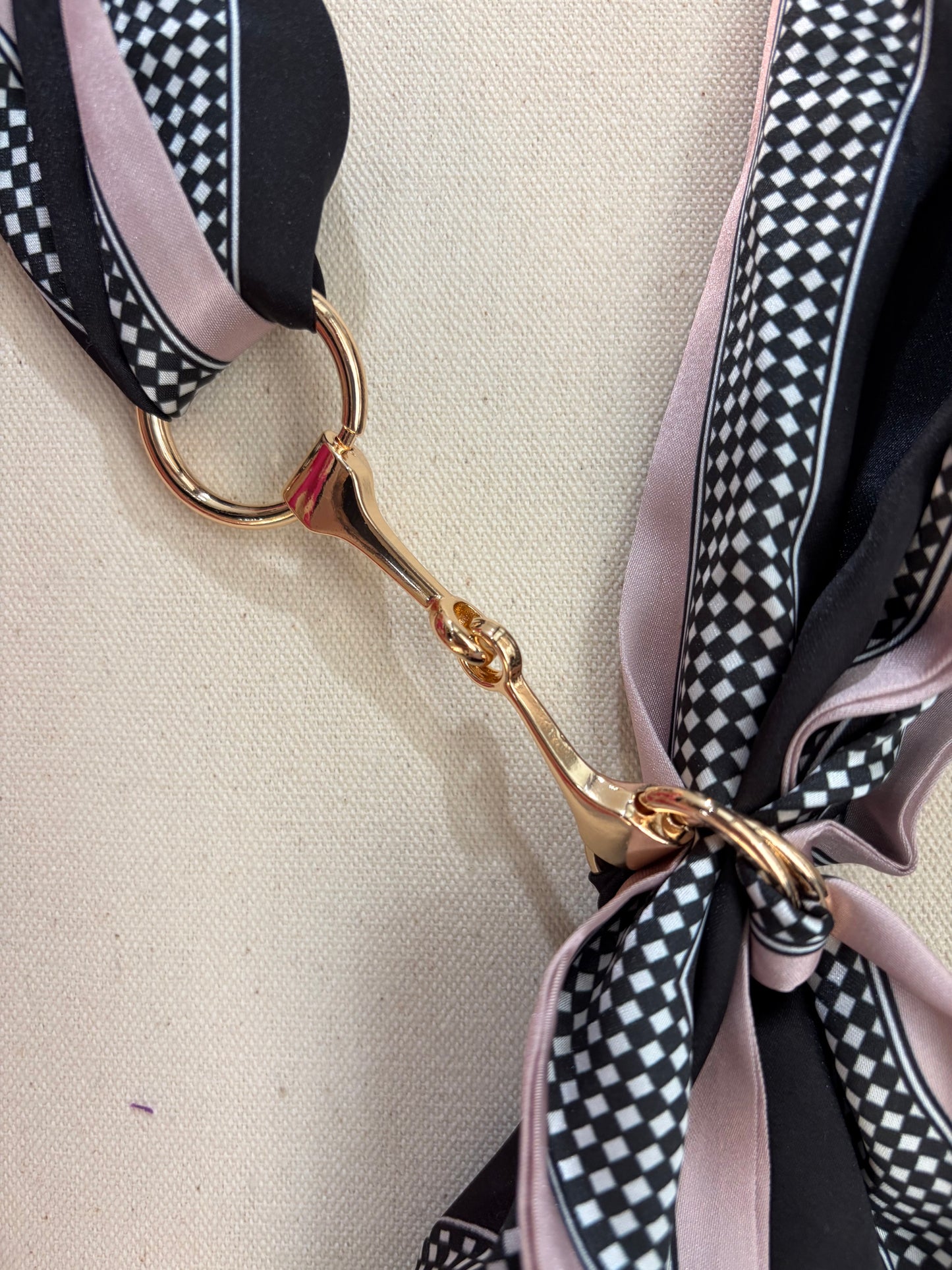 Horsebit Scarf Necklace-Black/White Check