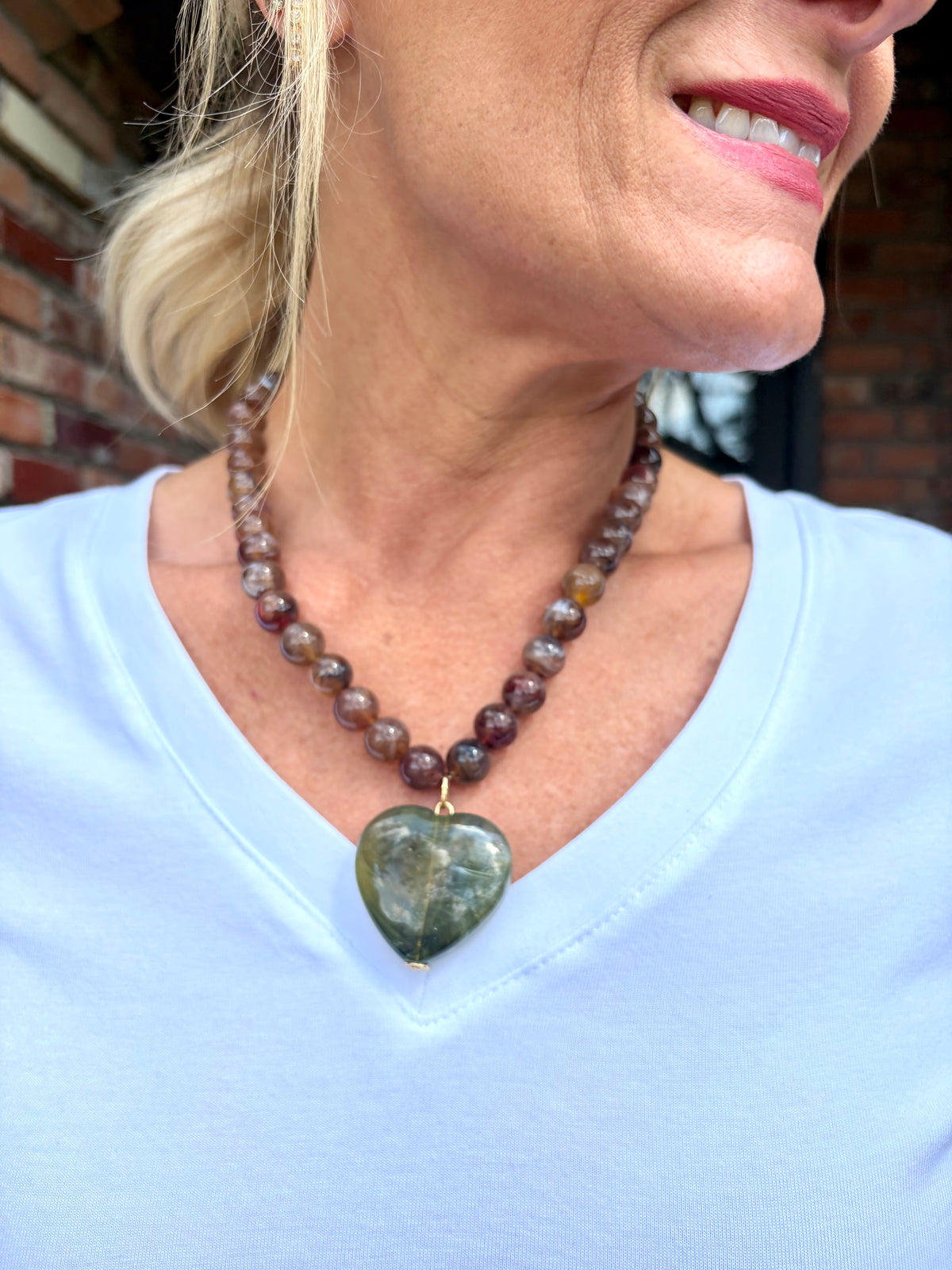 Brown Beaded Heart Stone Necklace