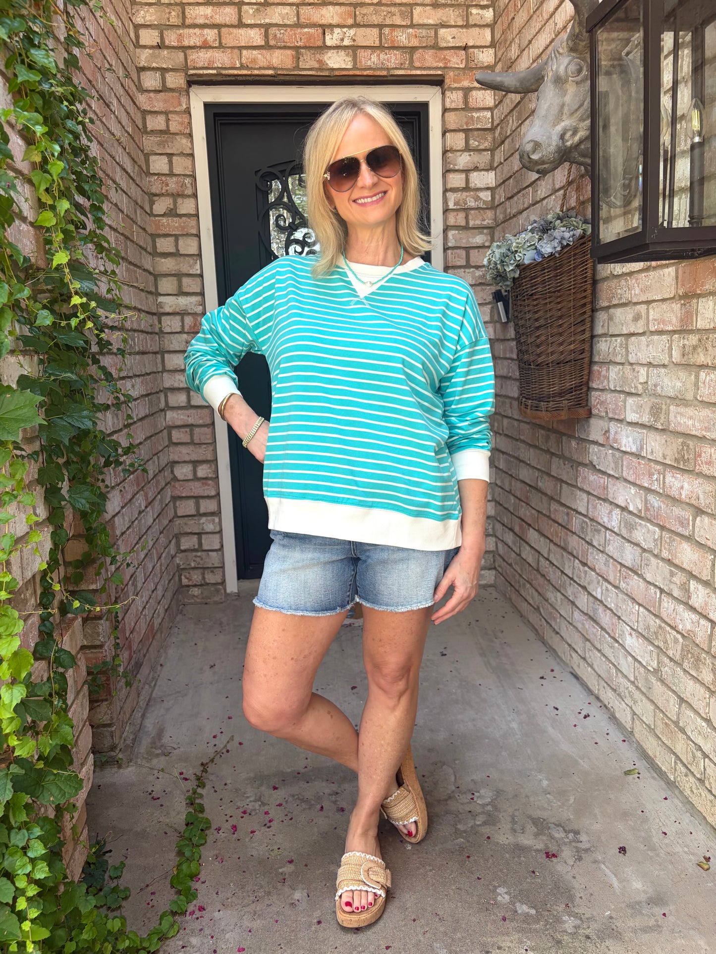 Easy Wear Striped Pull Over-Turquoise