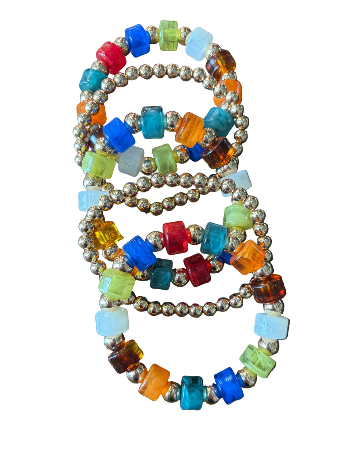 mulitcolor cylinder shaped acrylic beads and gold round beads as spacers. stack of 5 bracelets to the set