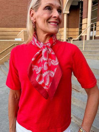 red and white paisley scarf, makes a great game day look
