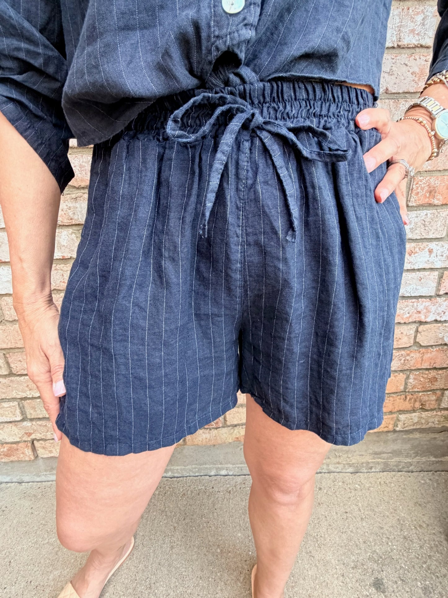 Navy Stripe Linen Short
