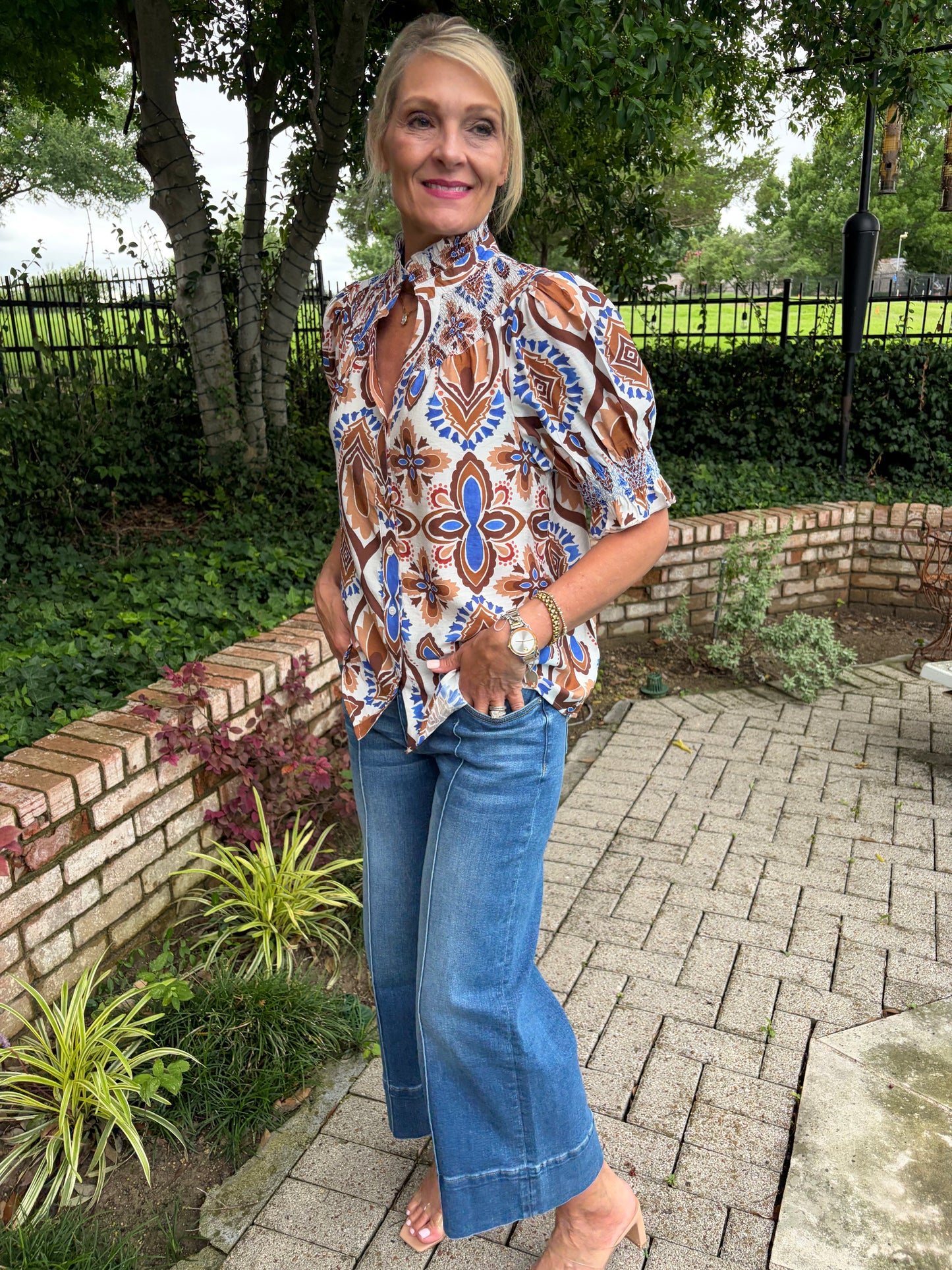 Mocha & Blue Ruffled Blouse
