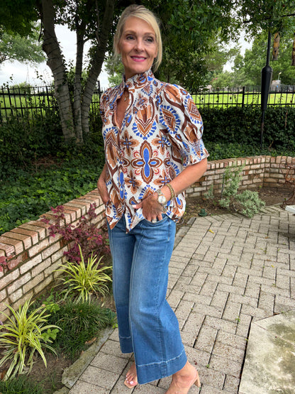 Mocha & Blue Ruffled Blouse