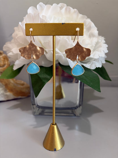 Gold leaf earrings with blue stone dangle